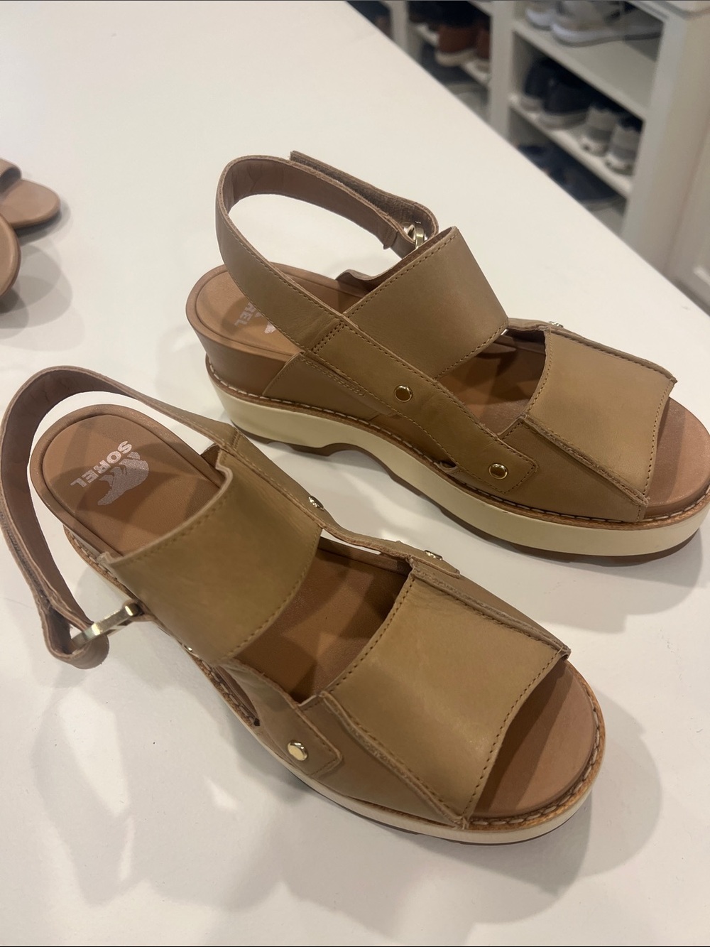 Sorel Tan Leather Platform Slingback Sandals